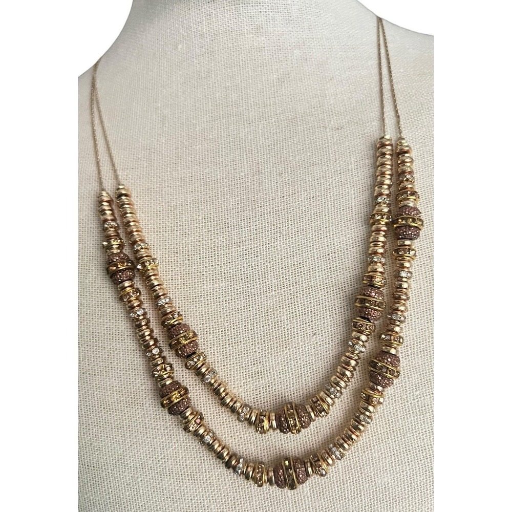 Stacked‎ Crystal Bead Double Strand Gold Tone 32-34" Long Necklace Sample